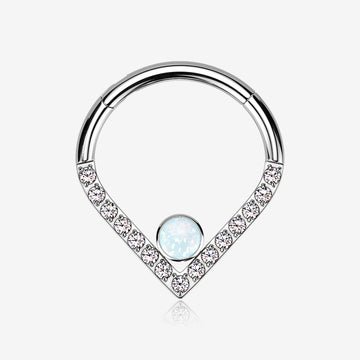 Implant Grade Titanium Sparkle Lined Center Fire Opal Clicker Hoop Ring-Clear Gem/White Opal